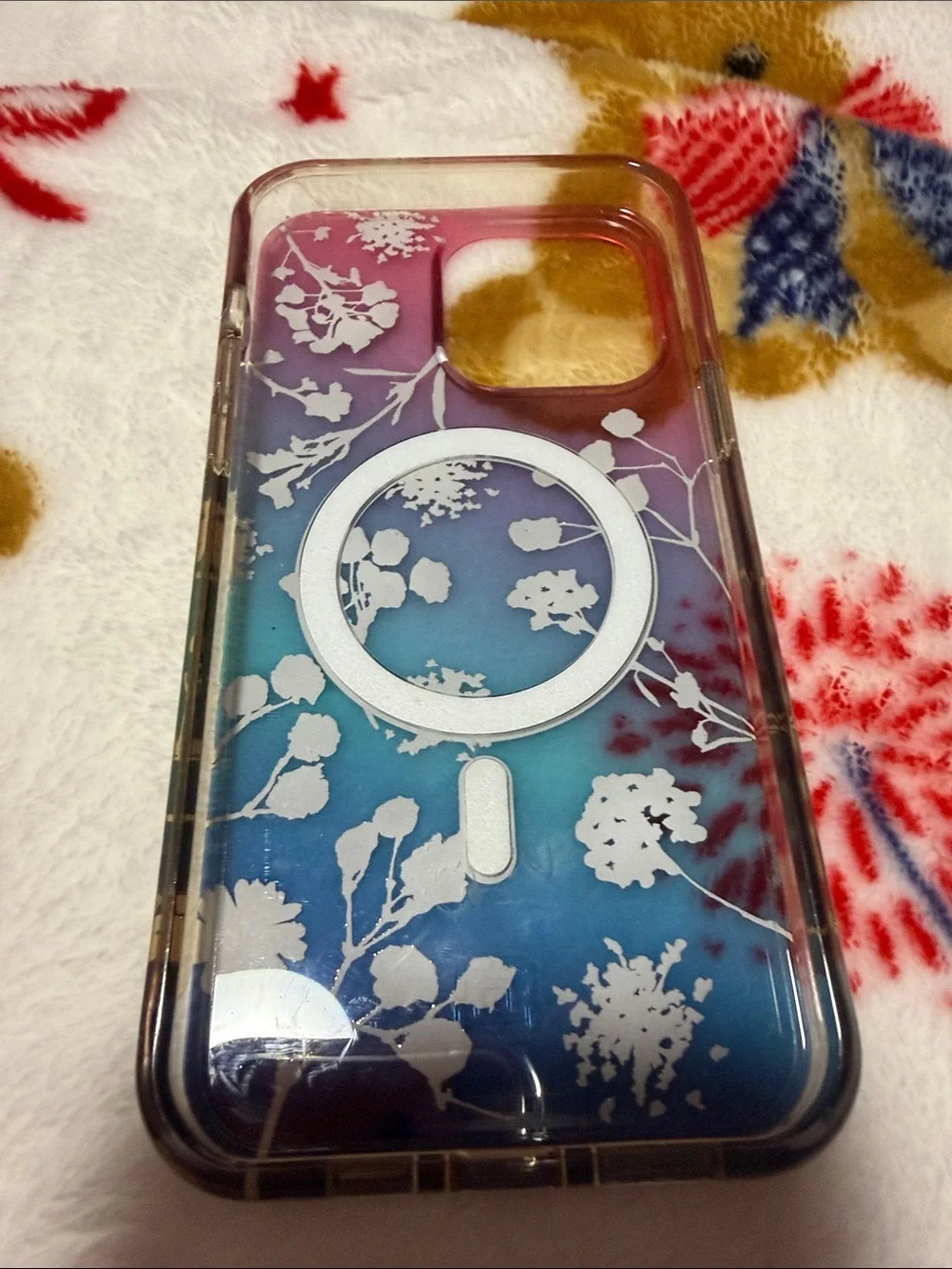 Pink to blue to purple Ombre Floral Glitter Phone Case 15 pro max